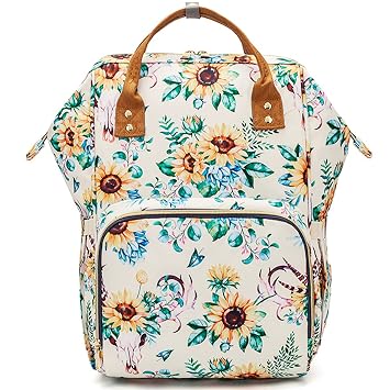 Floral Diaper Bag Backpack, Waterproof Baby Care Bag, Women Travel Baby Nappy Changing Bag White