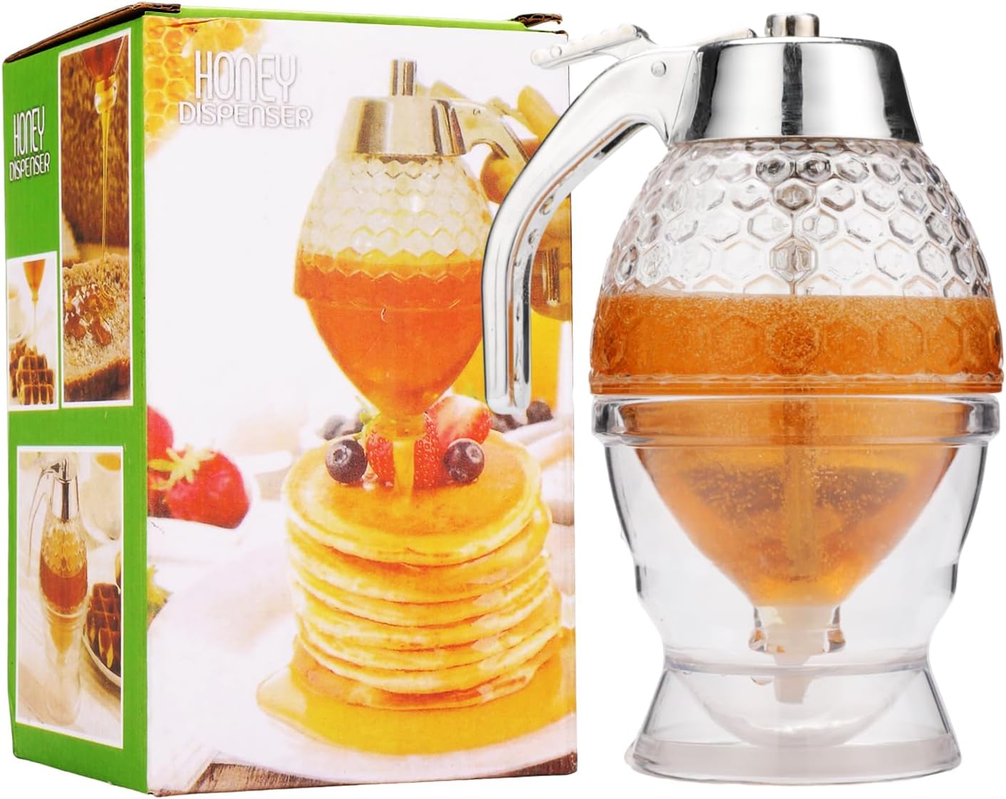 8oz No Drip Glass Honey Dispenser with Plastic Top, Honeycomb Honey Jar with Stand, Bee Themed Syrup Dispenser Pot for Honey Maple Syrup Chocolate Syrup, 6 Inch Airtight Honey Container for Kitchen
