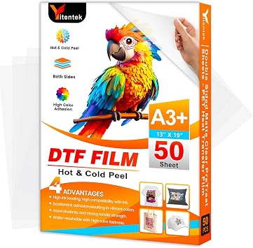 A3 + DTF نقل الفيلم، 13 &times; 19 "مزدوجة الوجهين ماتي PreTreat نقل الحرارة أوراق PET ل DTF النافثة للحبر الطابعة، DTF ورقة الطباعة المباشرة على القمصان النسيج، الساخنة والباردة قشر، 50 ورقة