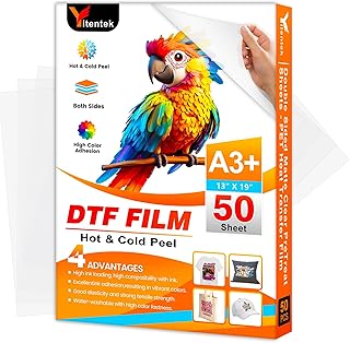 A3+ DTF Transfer Film, 13" x 19" Double Sided Matte PreTreat Heat Transfer PET Sheets for DTF Inkjet Printer, DTF Paper Direct Print on T-Shirts Textile, Hot & Cold Peel, 50 Sheets