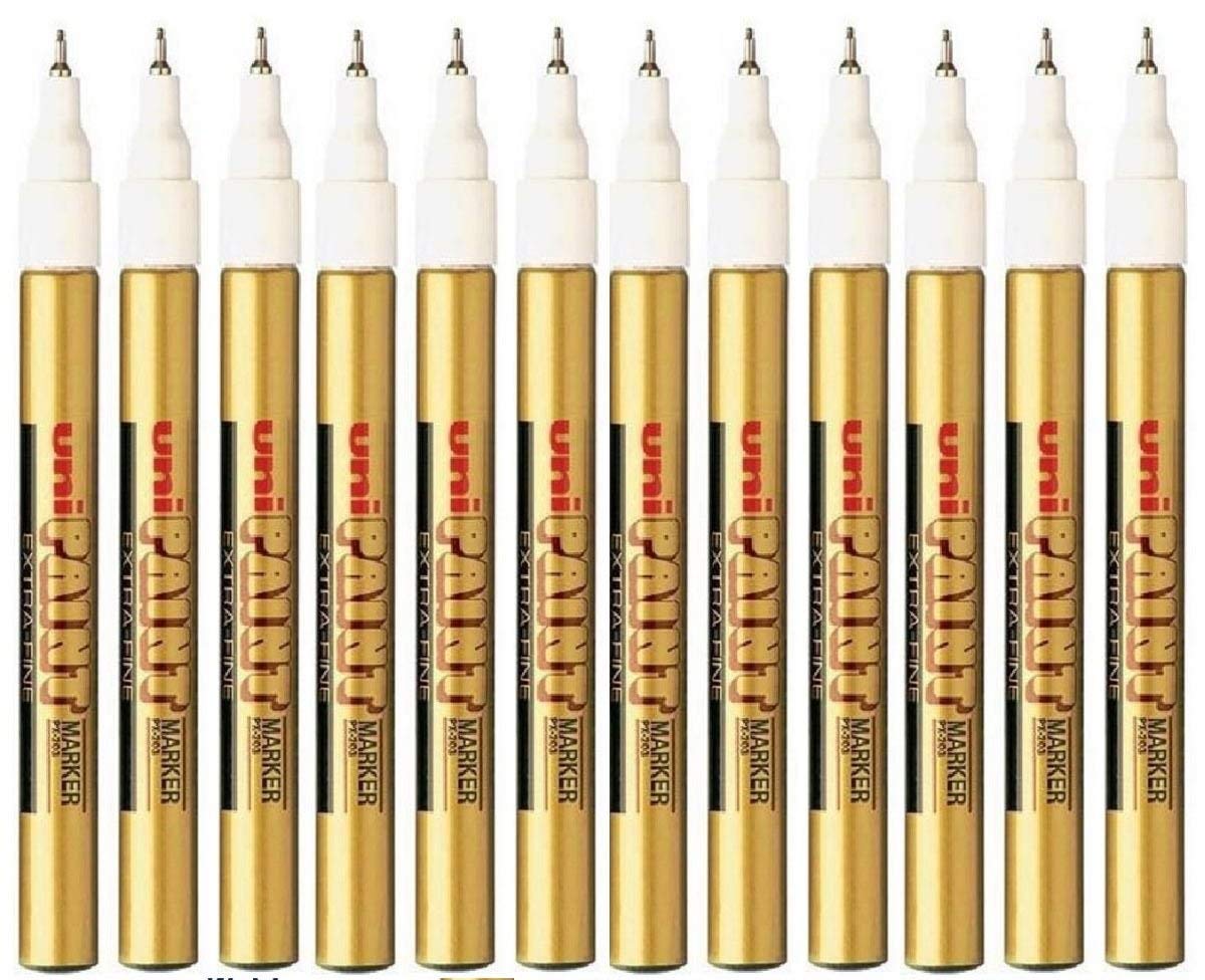 Uni Coloured Extra Fine (0.8mm) PX-203 Gold Oil Paint Marker Pen Metal Glass Wood Plastic Stone Outdoor Nib Tip (Pack Of 12)