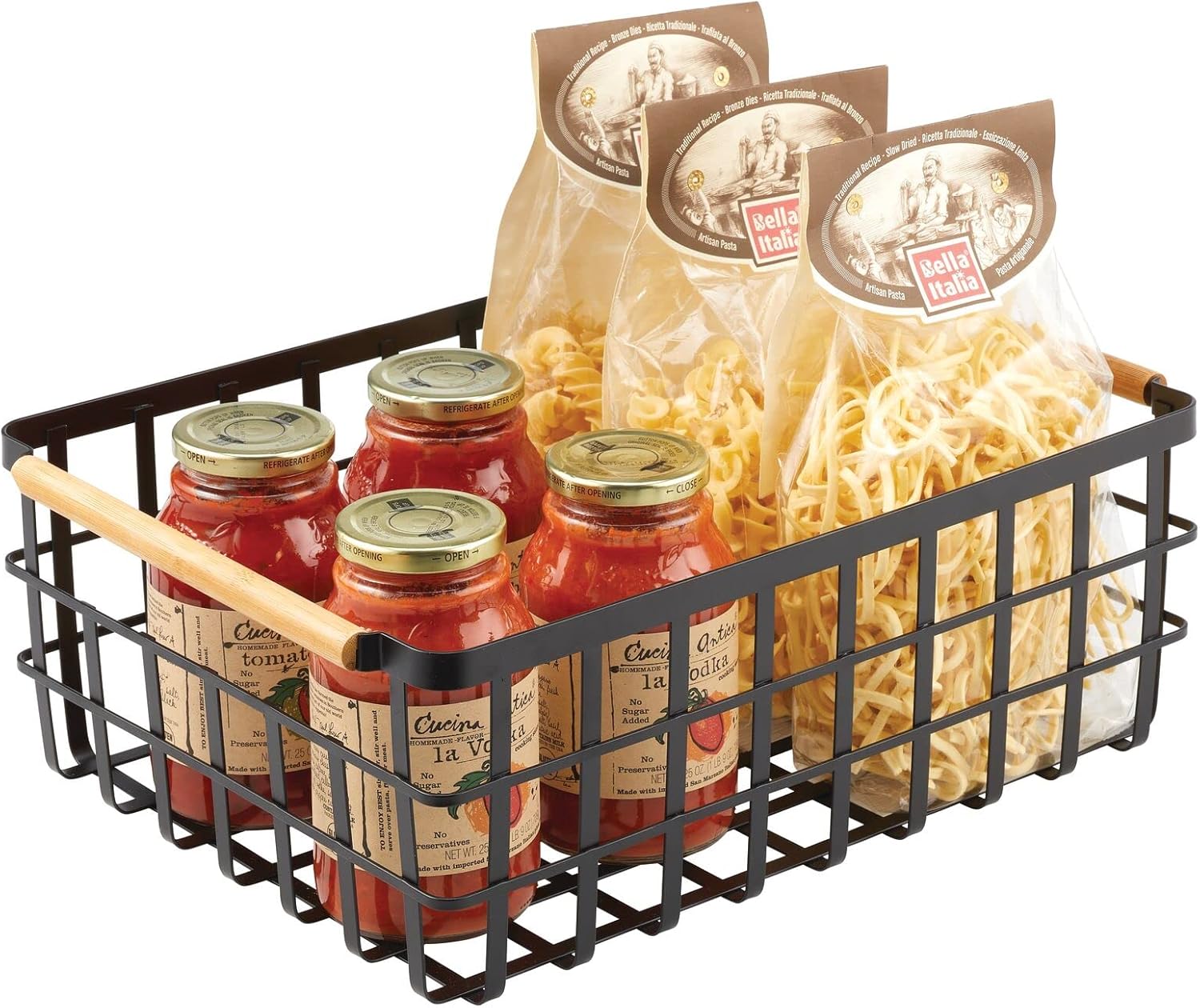 mDesign Metal Wire Storage Organizer Basket with Bamboo Wood Handles for Kitchen Pantry, Rustic Farmhouse Bin to Store Fruit, Coffee, Spices, Supplies, 2 Pack, Matte Black/Natural/Tan