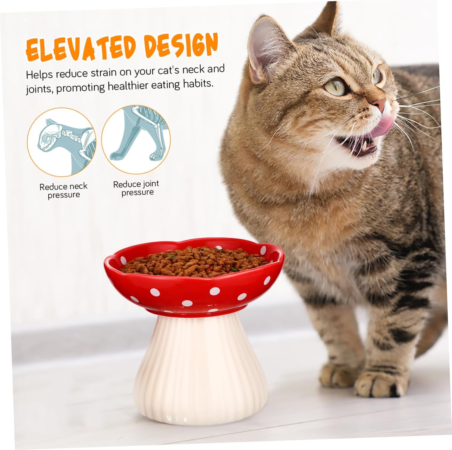 HEMOTON Ceramic Elevated Cat Bowl Shallow Wide Pet Feeding Dish for Indoor Cats Whisker Friendly Stable Non Slip Raised Food Bowl Promotes Healthy Posture and Digestion