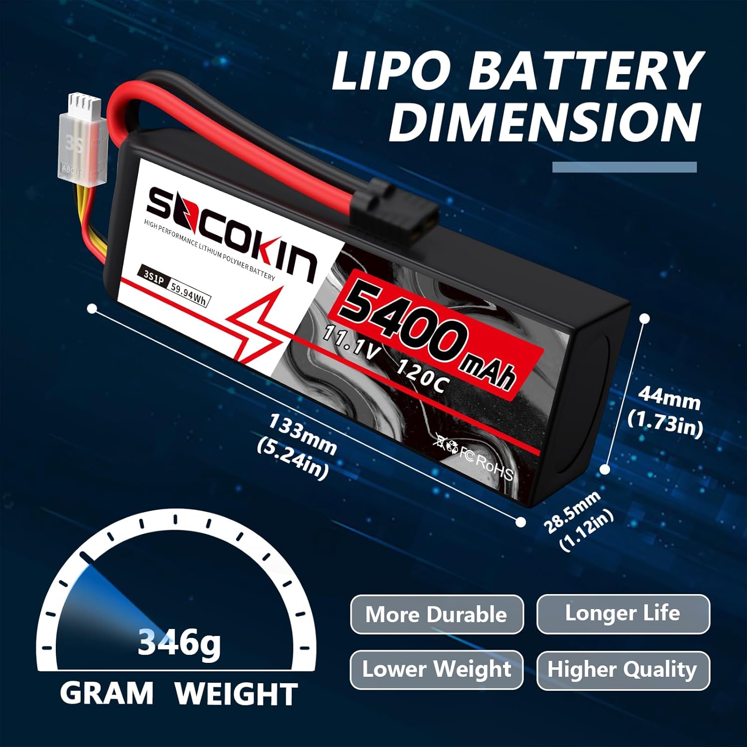 3S Lipo Battery 11.1V 3 Cell 5400mAh Lipo Batteries 120C Soft Case RC Lipo Battery with TR Plug for Arrma 1/10 Scale RC Crawler Buggy Truggy Monster Car Boat Truck Racing RC Hobby (2 Pack)