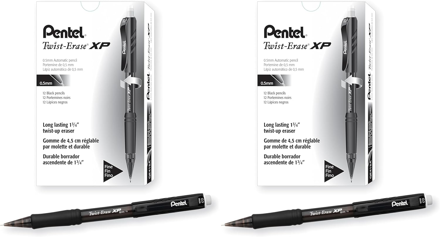 Pentel Twist Erase EXPRESS Automatic Pencil, 0.5mm Lead Size, Black Barrel, Box of 12 (QE415A) (Pack of 2)