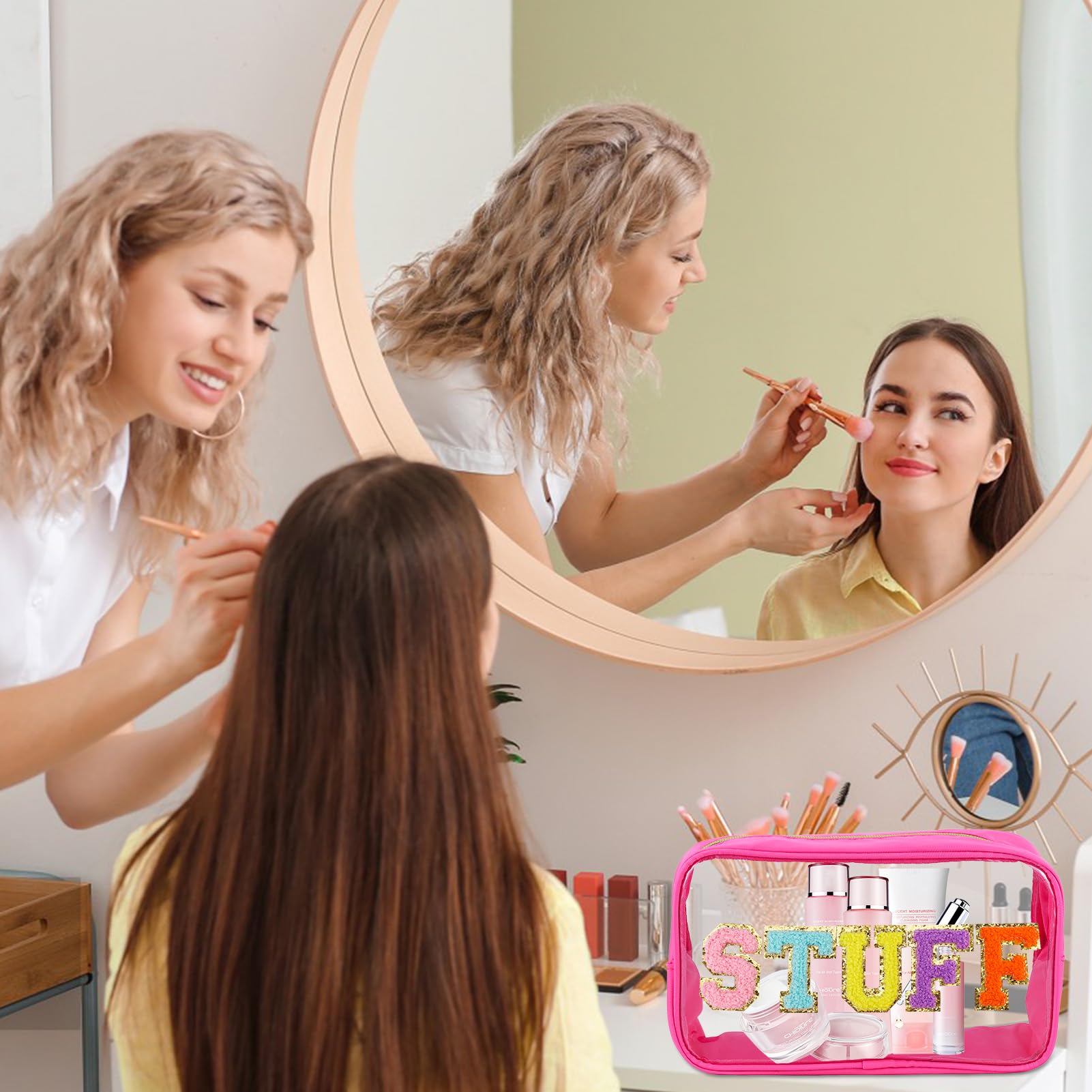 URSKYTOUS Chenille Letter Clear Makeup Bag Large Travel Preppy Patch Stuff Cosmetic Bag with Zipper Cute Makeup Pouch Transparent PVC Waterproof Toiletry Organizer Storage for Women Girl(Hot Pink)