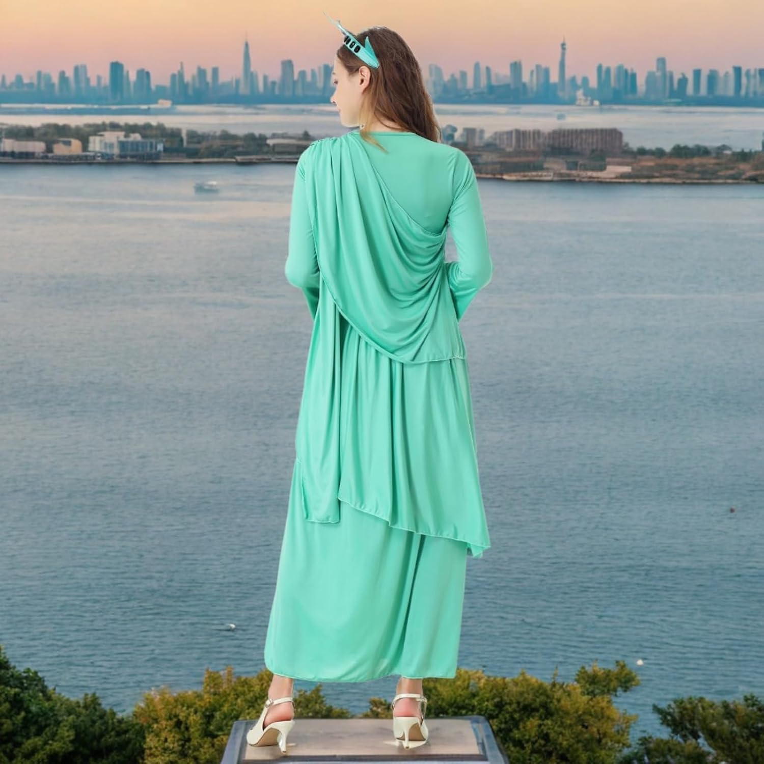 yolsun Women Lady Liberty Costume Set, Statue of Liberty Halloween Cosplay Dress, Book Day Independence Day Role Play Outfit