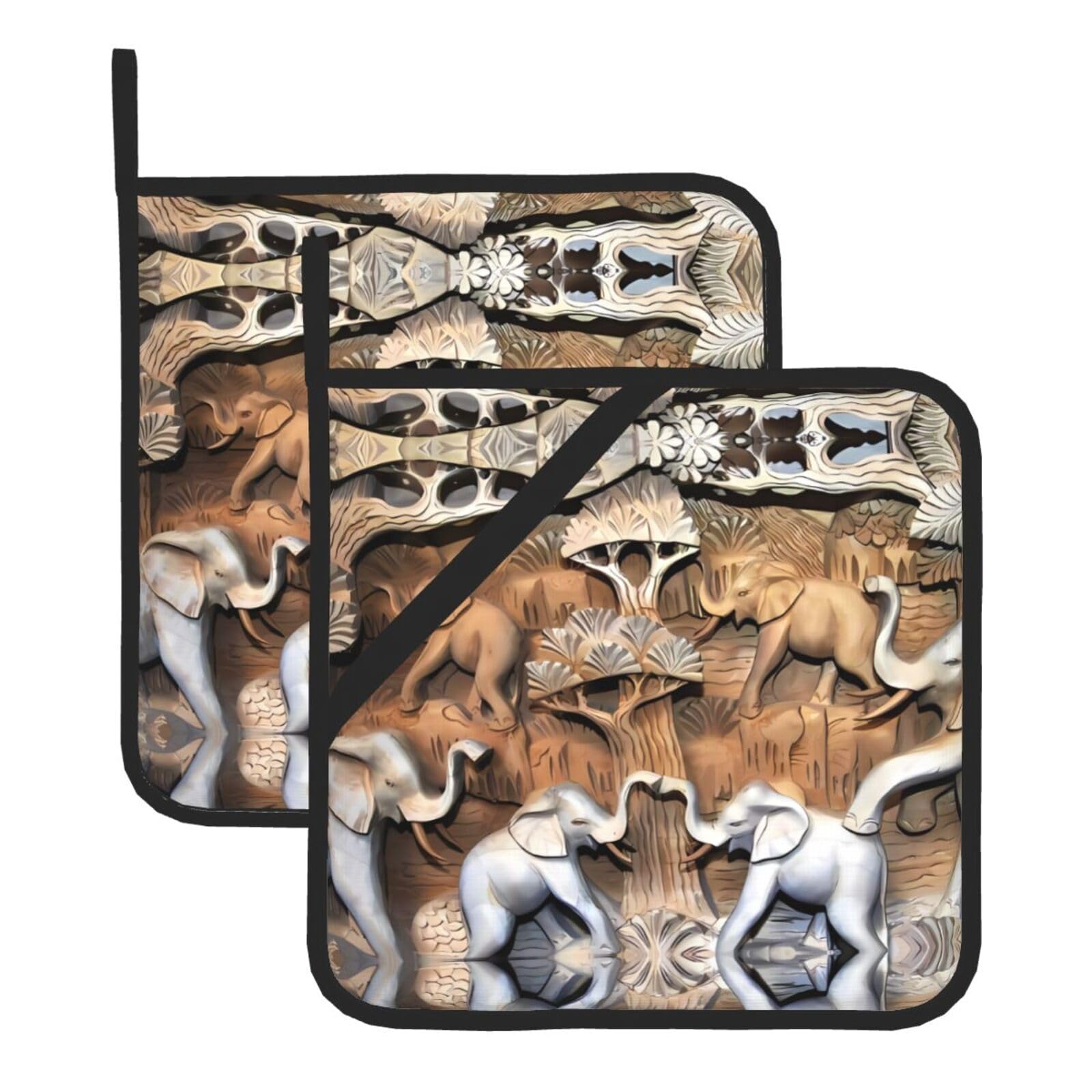WHJDPP Nature Elephants Prints Square Hot Pads for Kitchen - Waterproof Pot Holders Set of 2, Durable Trivets with Pocket & Hanging Loop for Hot Dishes & Oven Use