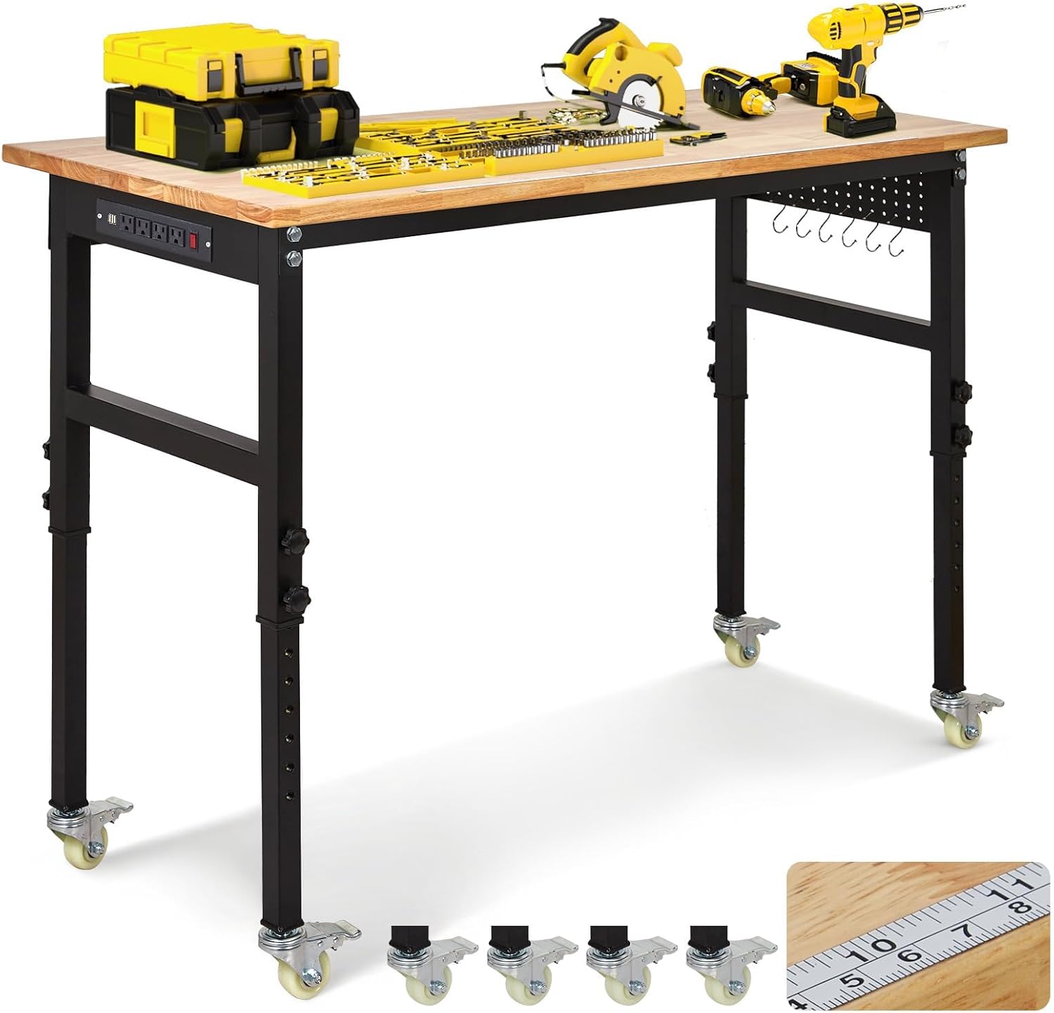 48" Adjustable Workbench with Power Outlet, Heavy Duty Work Table, 29.5"-39.4" Height Adjustable Workbench with Wheels & Pegboard, for Garage Office Workshop Home Commercial