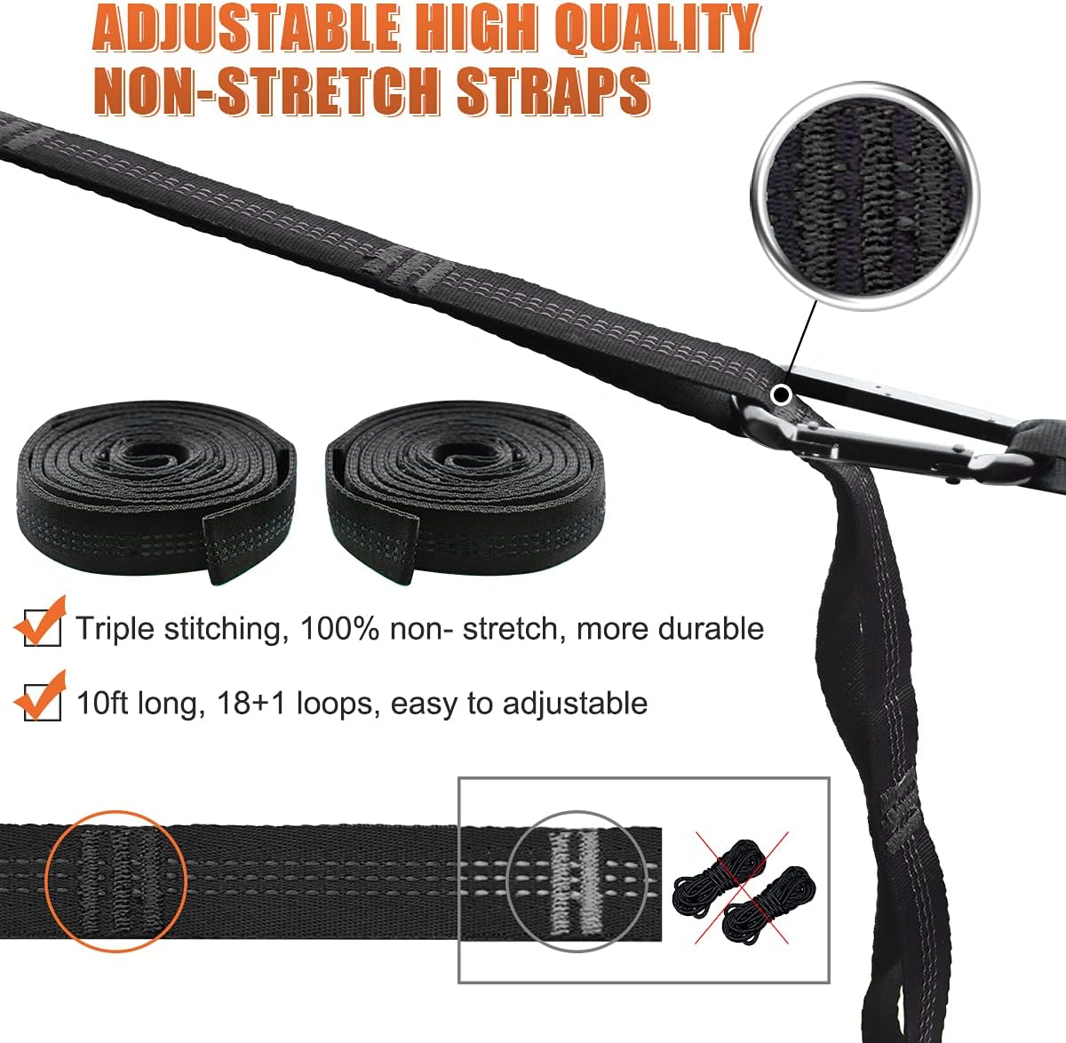 Gold Armour XL Hammock Straps Combined 20 Ft Long, 36 Loops with 2 Carabiners - Must Have Camping Hammock Accessories & Gear to Hang Camping Hammocks (Black with Sky Blue Stitching) : Patio, Lawn & Garden