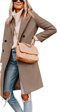 Womens Notch Lapel Double Breasted Pea Coat Mid Long Fall Winter Trench Overcoat