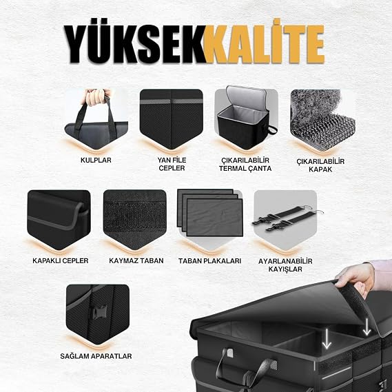 HAEGS Araç Bagaj Düzenleyici, Soğutucu Çantalı Bagaj Organizer Sağlam Katlanabilir, Otomobil ve SUV`lar için, Cepli, 3 Ana Bölmeli, 100L: 90x40x28 cm - Gri