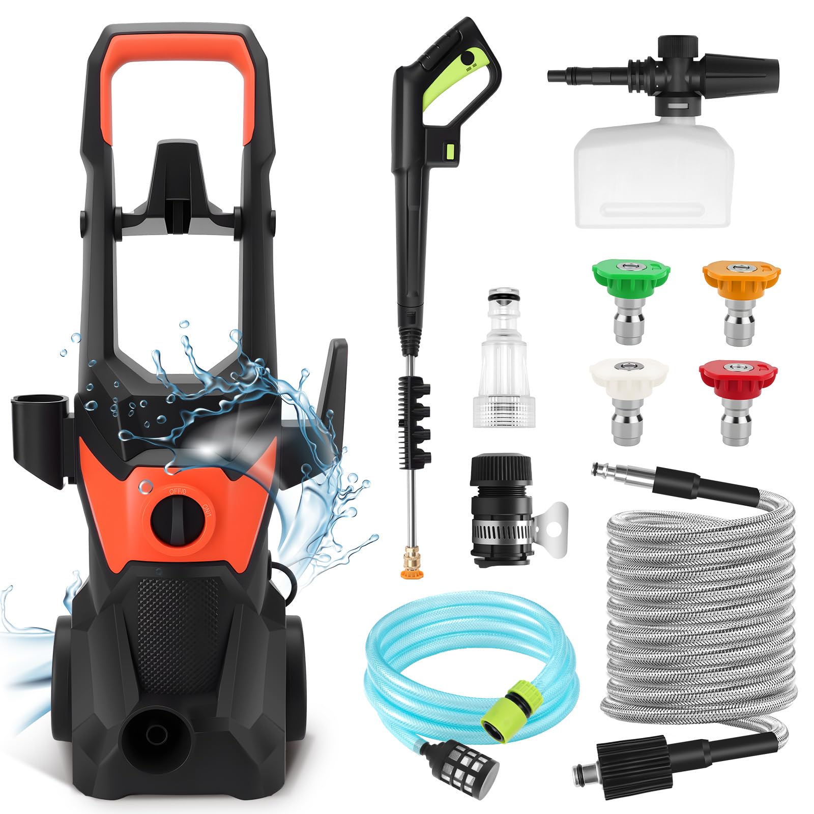 KAOLALI Hidrolimpiadora de Alta Presion, 3000W Presión de Trabajo, Caudal 336L/H, con Pistola Pulverizadora, Manguera De 10 m, 4 Boquilla, para Coches, Vallas, Patios