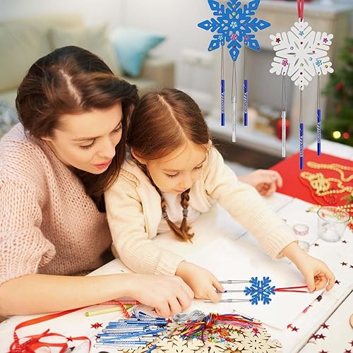 Miniatura 3 de Paquete de 12 carillones de viento para niños, kits de manualidades de Navidad, copos de nieve, campanillas de viento sin terminar de madera,