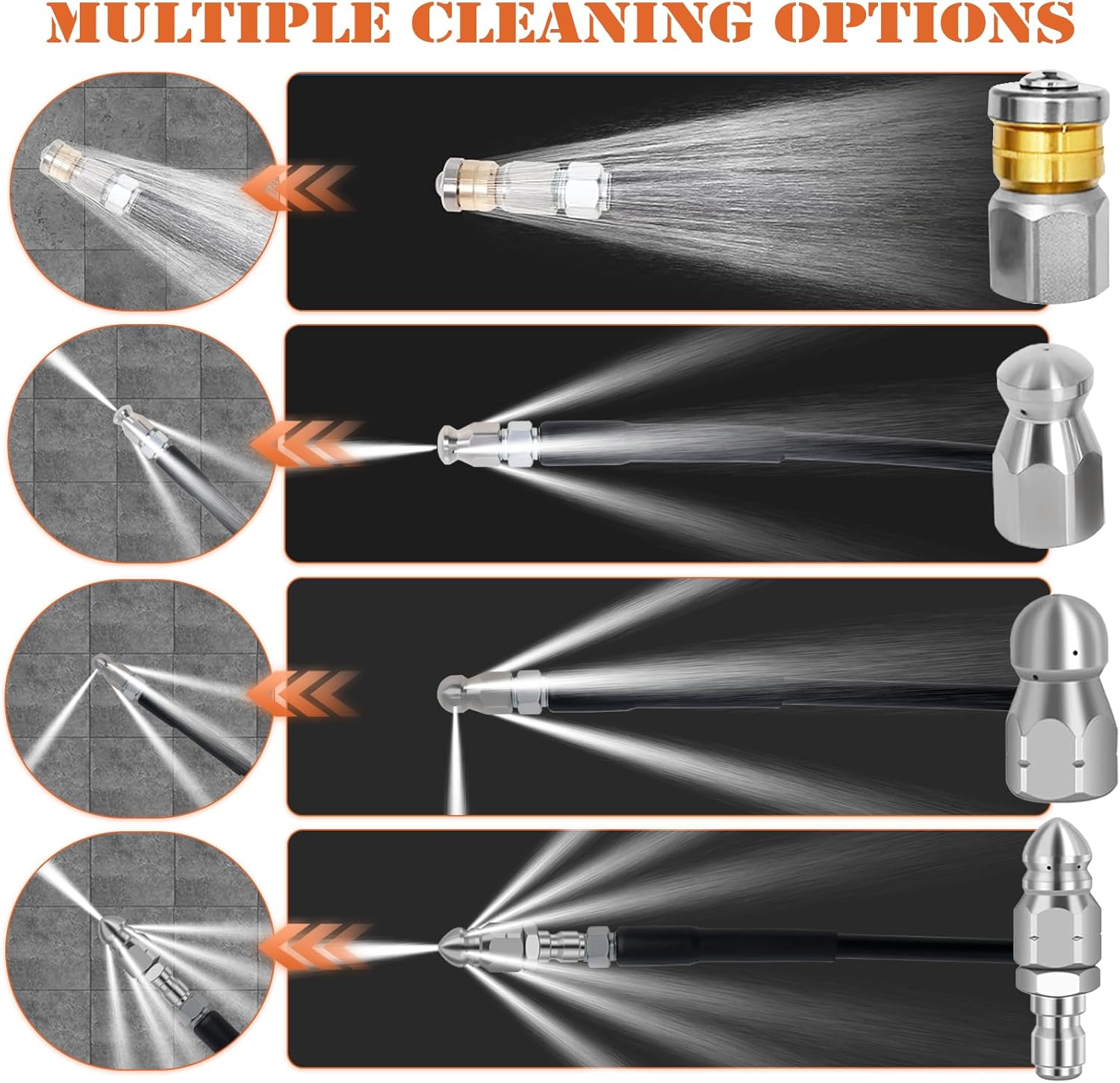 Sewer Jetter Kit for Pressure Washer, 100FT Drain Cleaner Hose 5800PSI with 1/4 Inch NPT Corner, Rotating Nozzle and 4 Different Button Nose Sewer Jet Nozzles, Waterproof Tape and 2 Spanners (Black) - Image 3