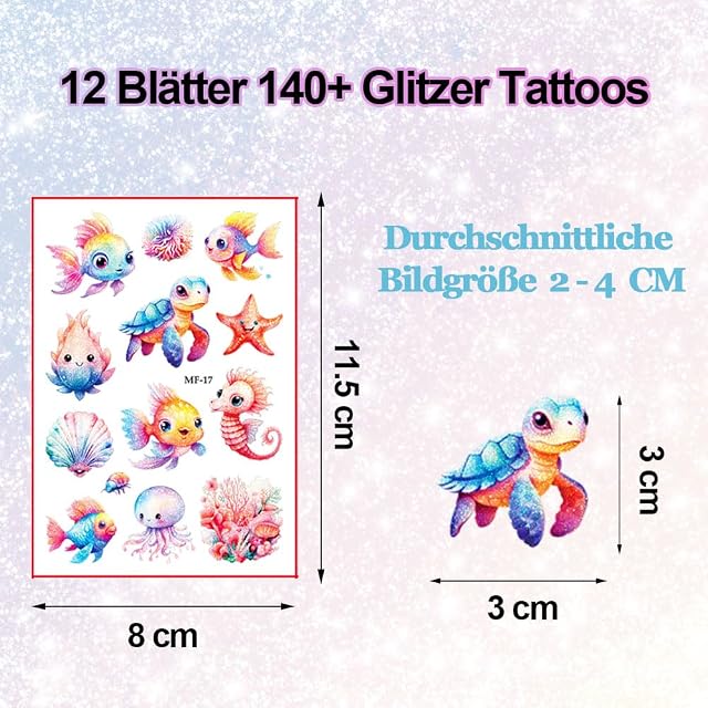 Foto 3 de 6 de Océano Tatuajes Temporales Niños, 12 Hojas Oceano Purpurina Tatuaje Falsos