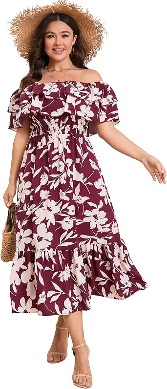 KOJOOIN Women Plus Size Off Shoulder Maxi Dress Ruffle Flowy Casual Summer Boho Long Dresses