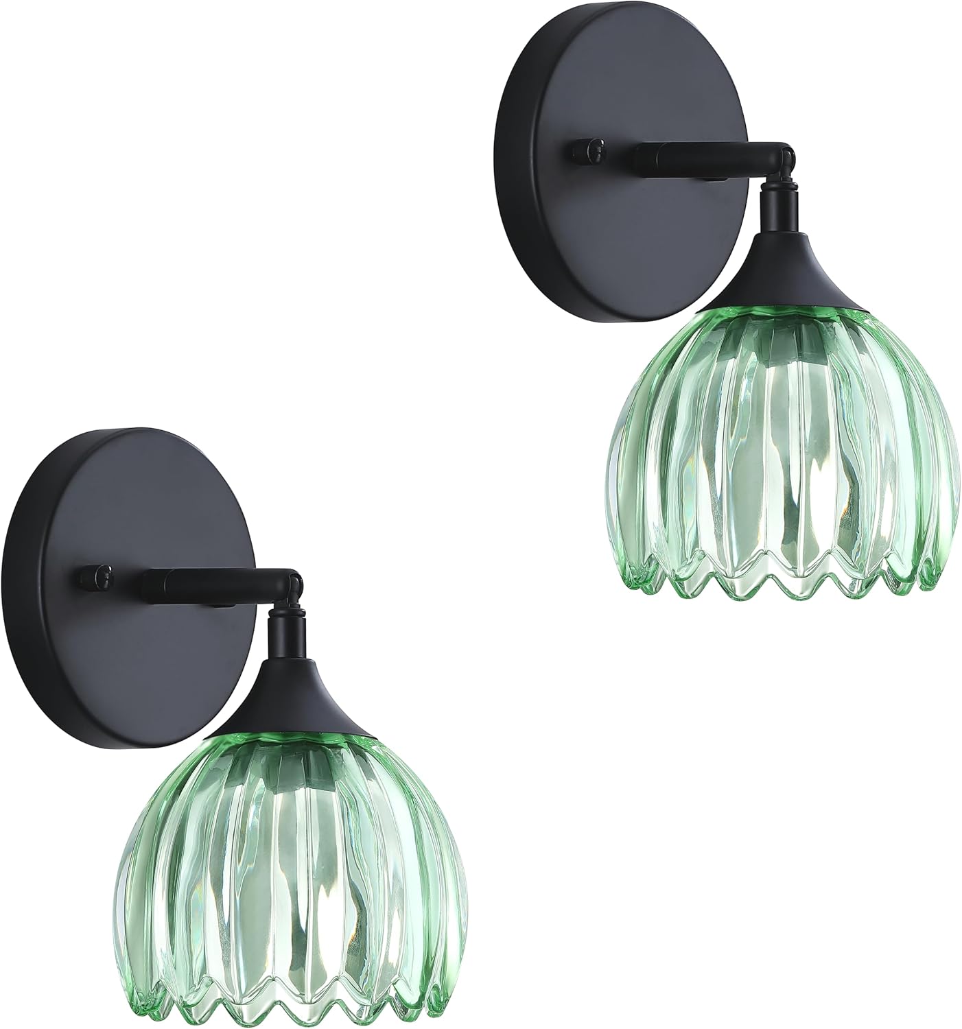 2 Pack 1 Light Vintage Wall Sconces Tulip Green Glass Lampshade Modern Black Wall Lighting Fixture for Bedside Bedroom Doorway