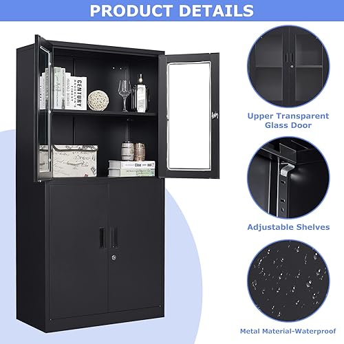 Miniatura 4 de Vitrina de 71 pulgadas de alto con estantes ajustables, vitrinas de 4 puertas con puerta de vidrio, vitrina de metal negro, caninete de