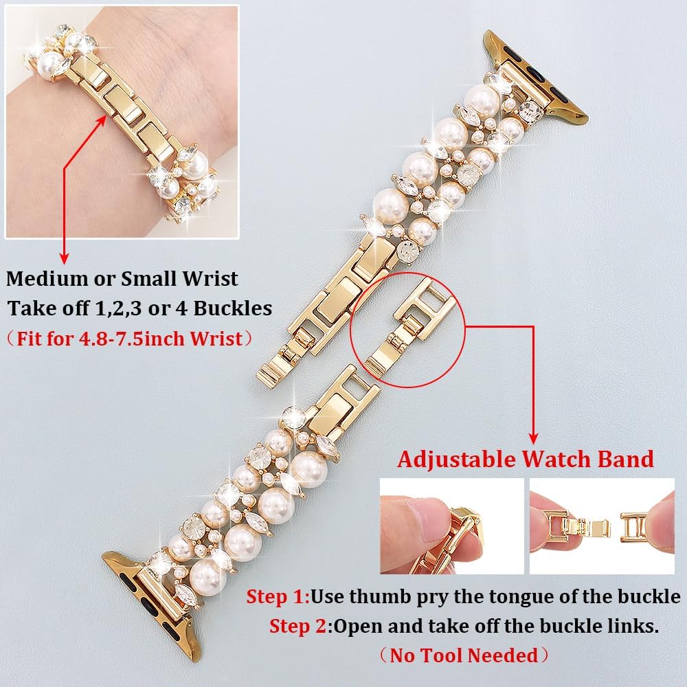 Elastic Pearl Beads Bracelet Women Compatible with Apple Watch Band 38 40 41 42 44 45 46 49mm,Jewelry Wristband Bling Diamond Charms Band for iWatch Series 11 10 9 8 7 6 5 4 SE/Ultra 3 2 1 - Image 2
