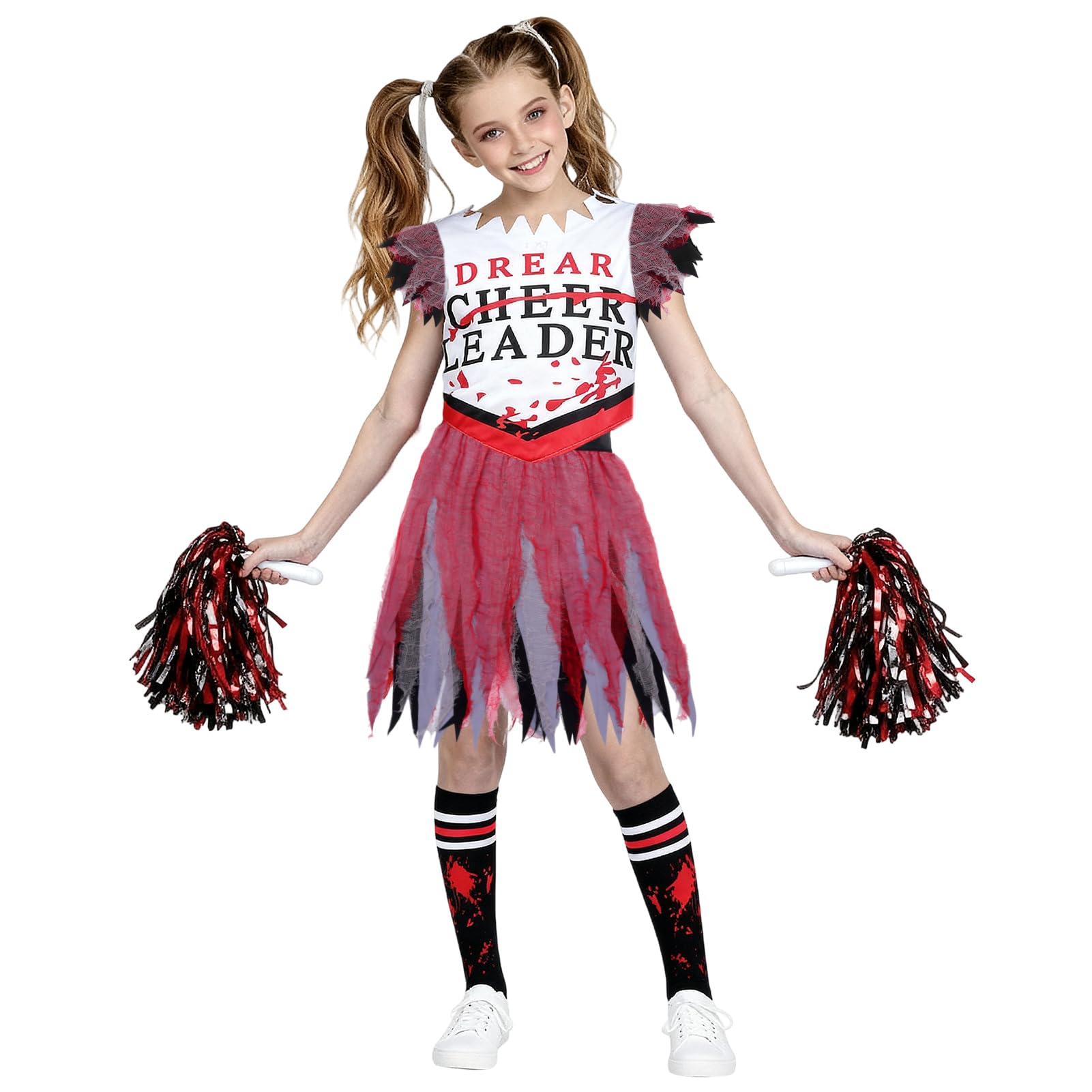 SERTAS Girl Scary Bloody Cheerleader Costume,Zombie CostumeKids,Girls Halloween Costume,Zombie Cheerleader Costumefor Halloween Dress Up Parties,Scary HalloweenCostume (Black - Image 2
