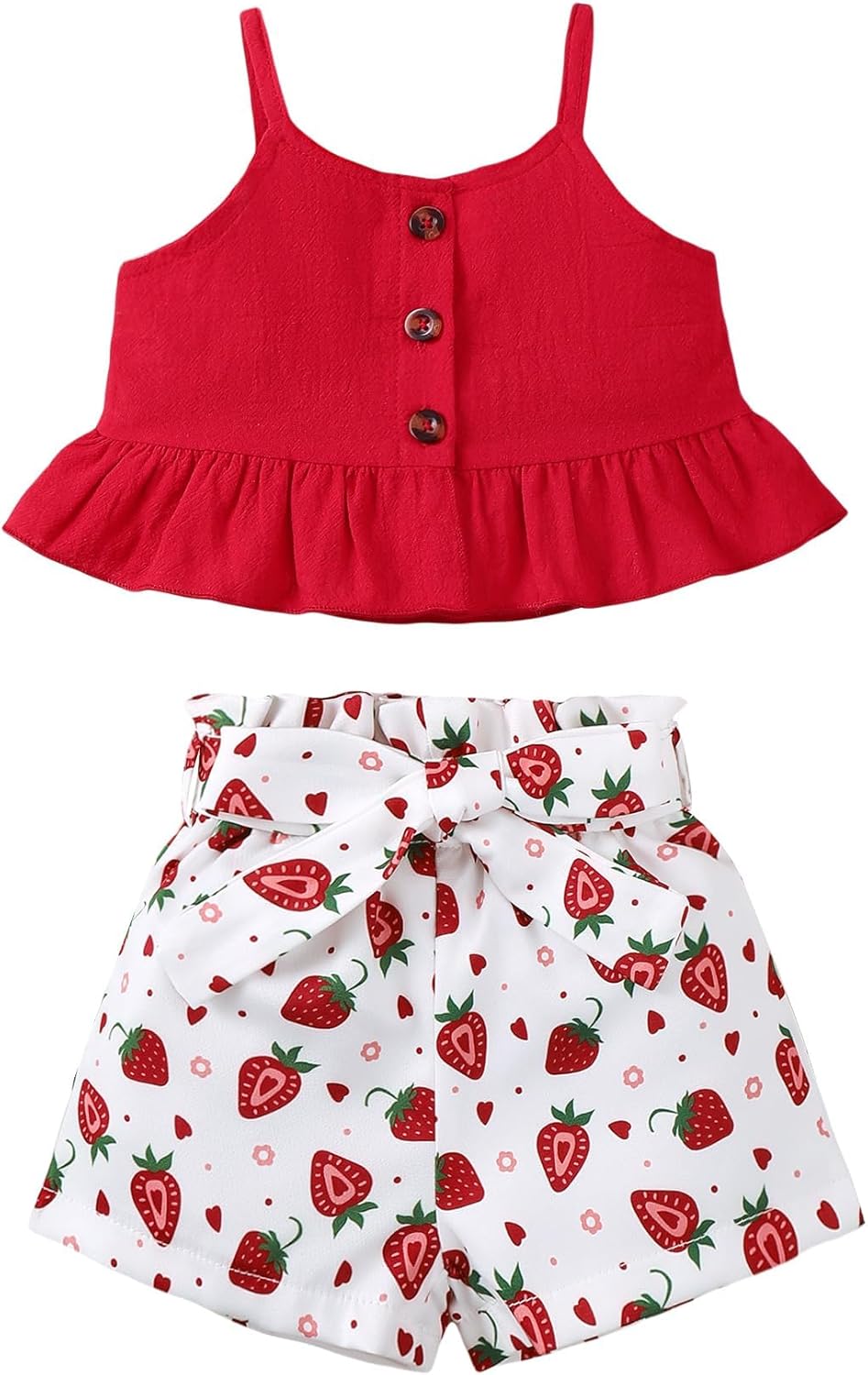 Kucnuzki Toddler Baby Girl Clothes Summer Outfits Ruffle Sleeveless Linen Shirt Kid Short Set for Girl