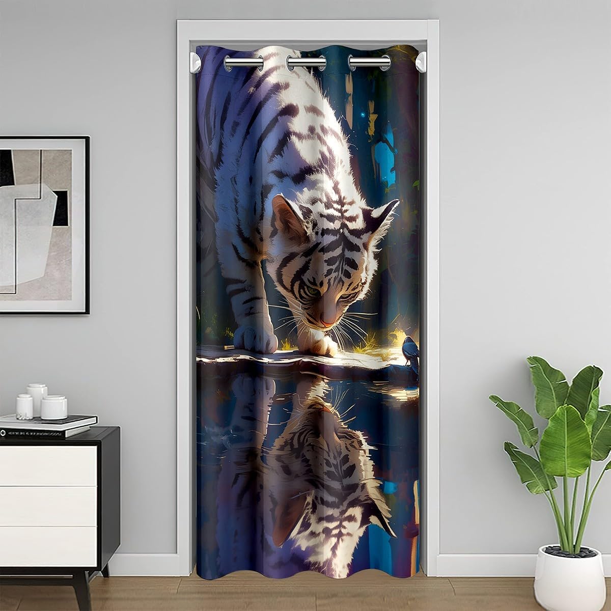 3D Wild Tiger Door Curtain Nature Tropical Animal Doorway Curtain Jungle Trees Darkening Blackout Curtain Western Rustic Farmhouse Drape for Bedroom Privacy 1 Panel 34" W X 80" L