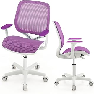 COSTWAY Silla de Escritorio para Niños, Silla Infantil Giratoria para Computadora con Altura Ajustable, Ruedas con Freno, Reposabrazos Lisos, Silla Ergonómica de Estudio para Niño (Morado)