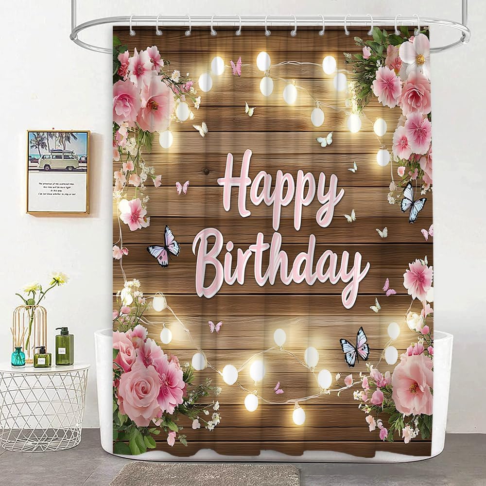 Happy Birthday Shower Curtain Rustic Wooden Board Birthday Party Background Pink Floral Fabric Bathroom Decor Curtain with Hooks, 70Wx90H