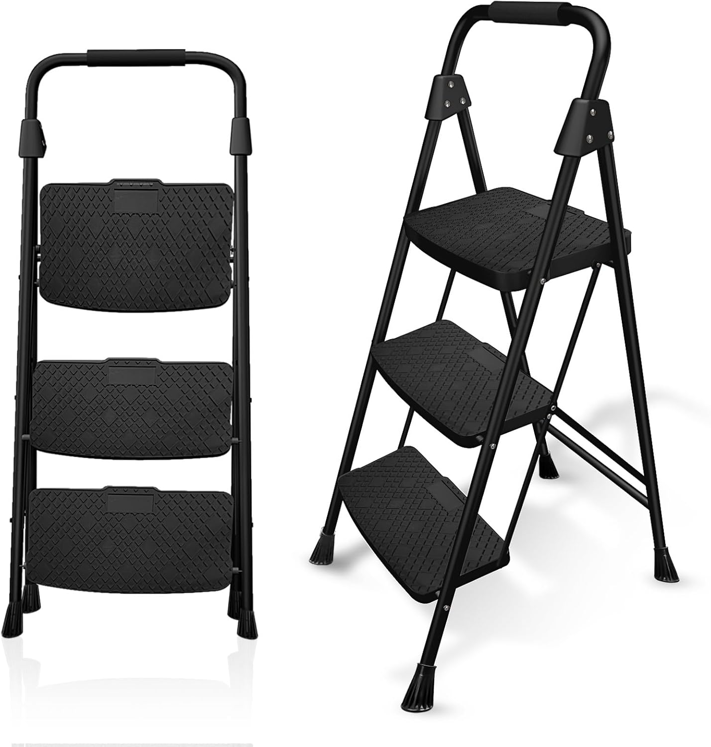 2 3 4 Step Ladder, Folding Step Stool with Wide Anti-Slip Pedal,Foldable Step Stool for Home Lightweight, Portable Steel, for Household Garage Storage (Black, 3 Step)