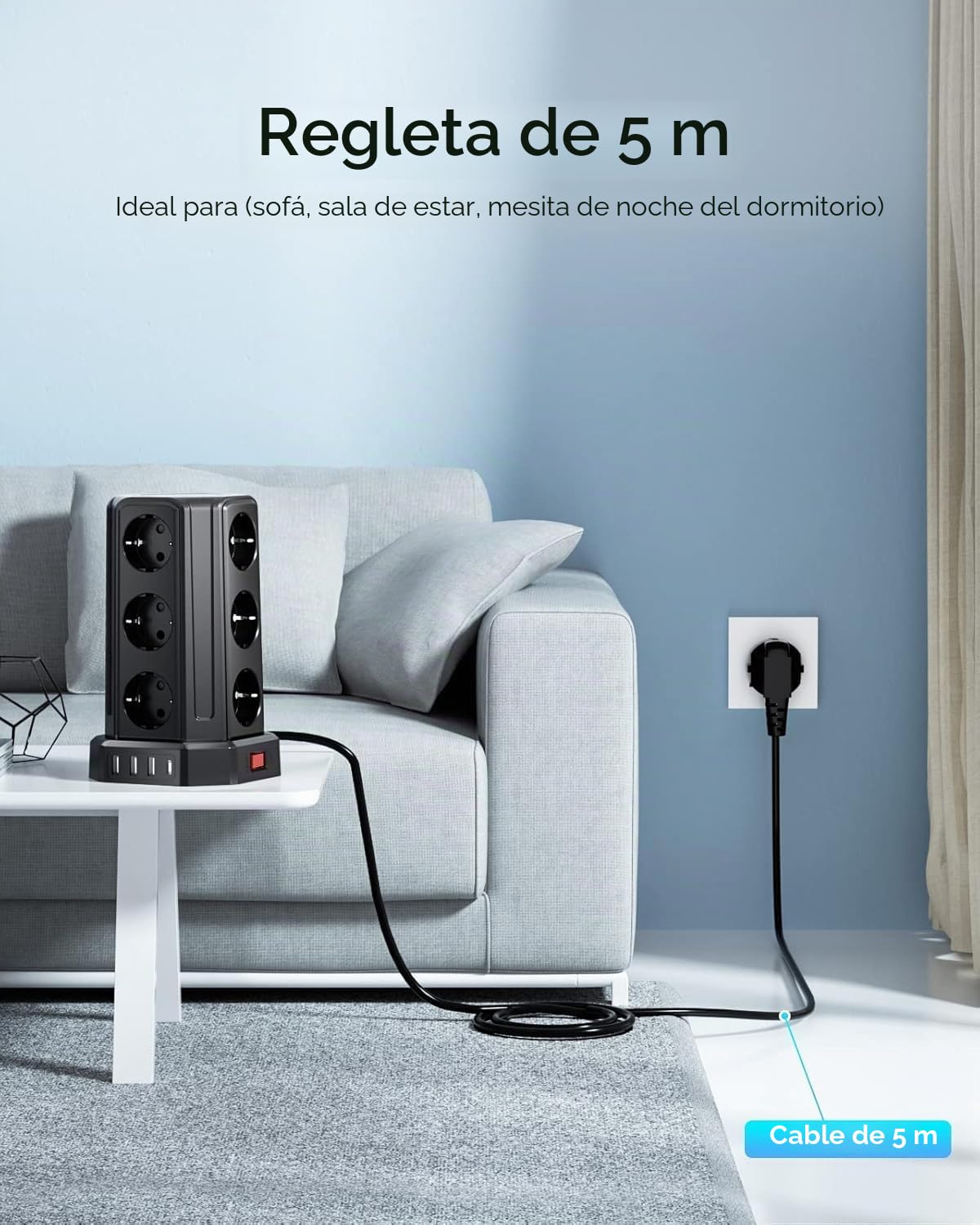 Torre Regletas Enchufes con Cable 5M, Regleta USB 12 Tomas de AC Corrientes y 4 USB, 3680W/16A, Regreltas Vertical con Interruptor para Mesa, Oficia, Casa