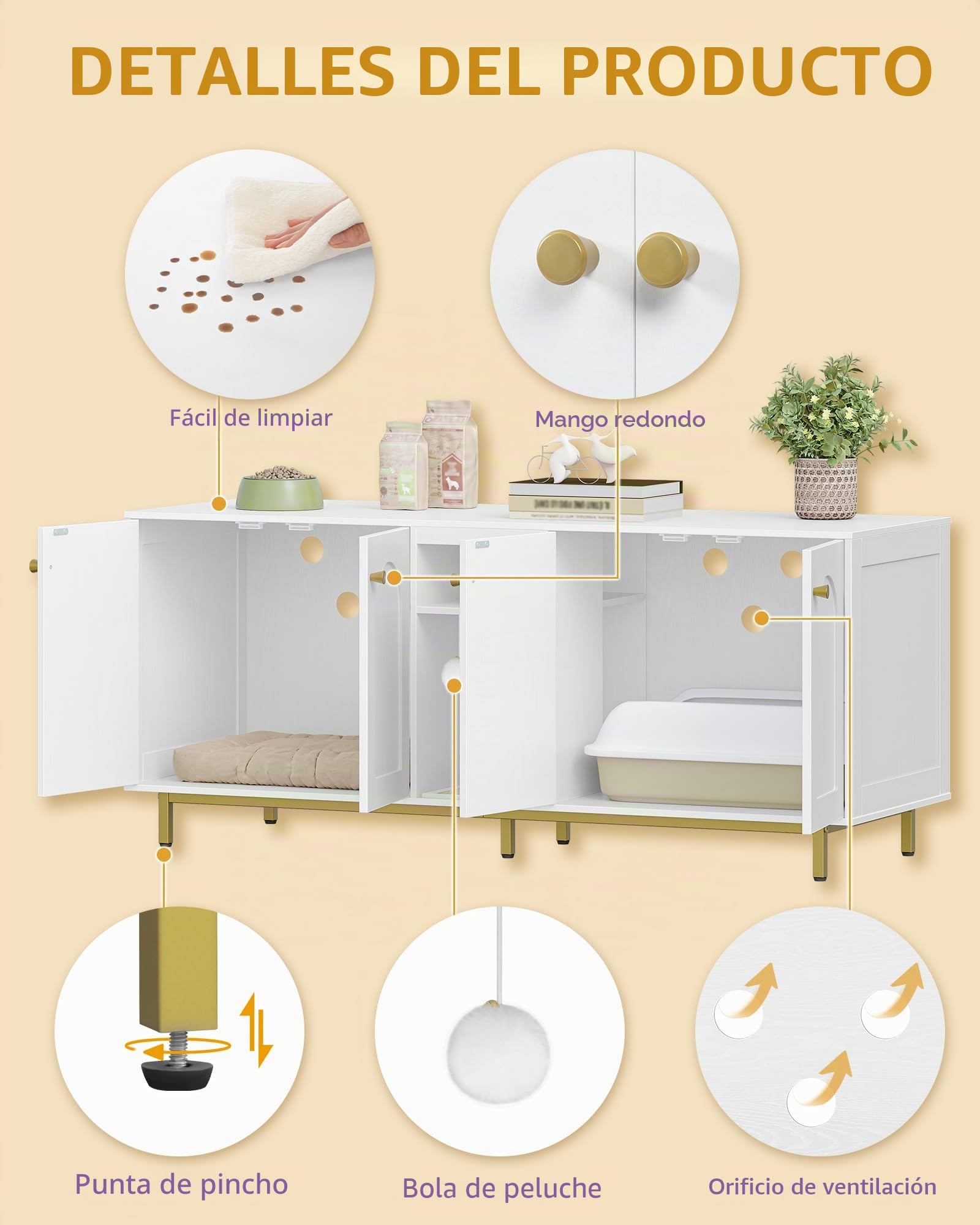 Hzuaneri Mueble Arenero Gato, Oculto para Arenero con Espacio de Almacenamiento, Bola para Gatos, Mueble de TV o Armario de Almacenamiento, 140 x 48 x 62 cm, Blanco-Oro CB86513A