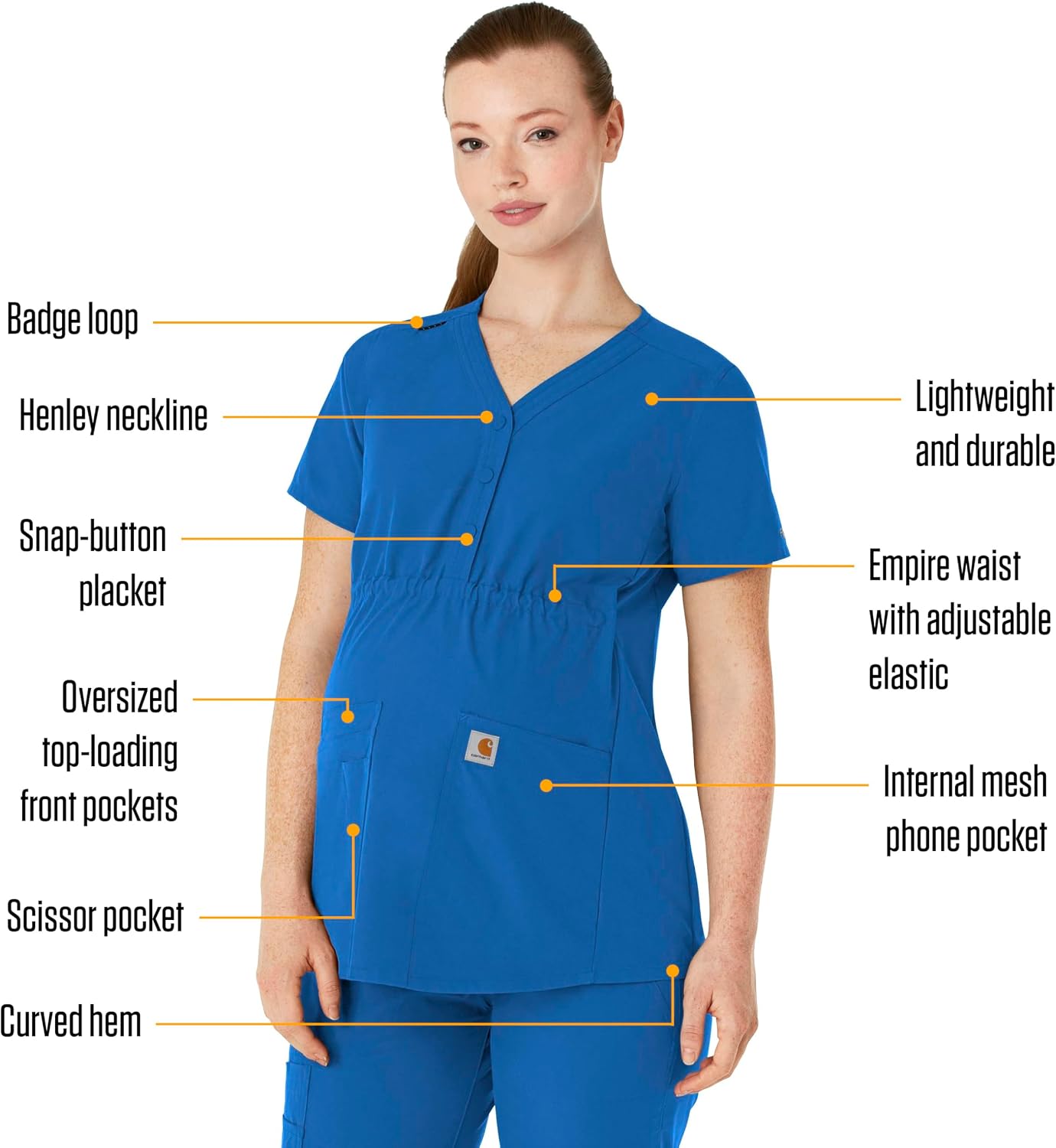 Carhartt Scrubs for Women, Force Essentials, Henley Maternity Tops with 4 Pockets