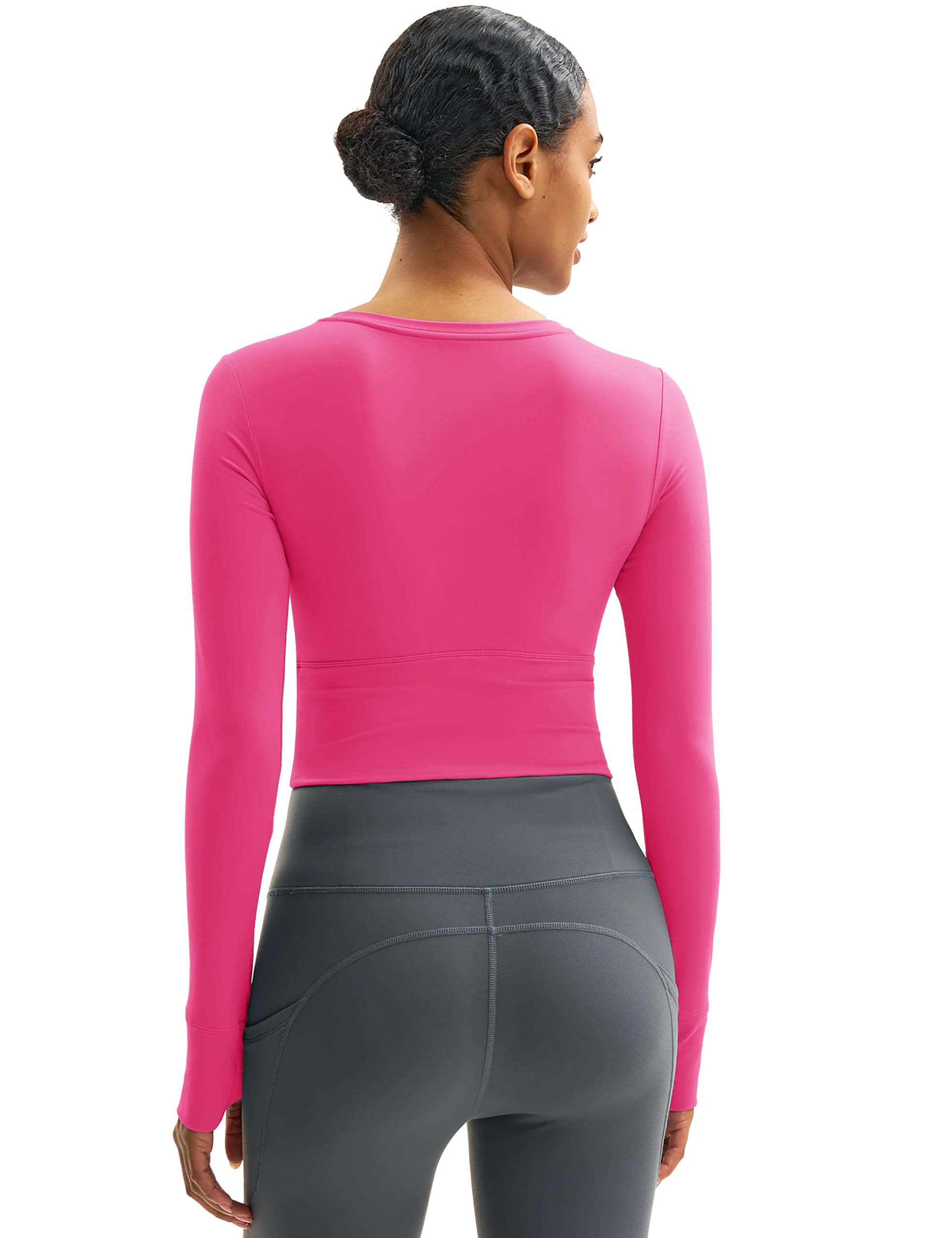 MAGCOMSEN Cropped Long Sleeve Tops for Women Slim Fit Workout Sport Exercise Running Shirt Fall Thumb Hole Rose Red L