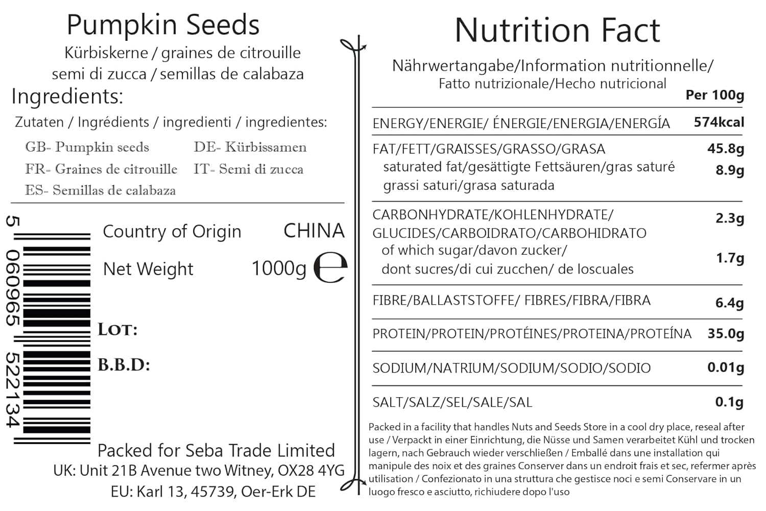 Seba Garden Kürbiskerne, 1000 g, Güteklasse AA, Rohproteinquelle, GWS (ohne Schale gewachsen), hoher Fasergehalt, Eisenquelle, gentechnikfrei (AA-Klasse)