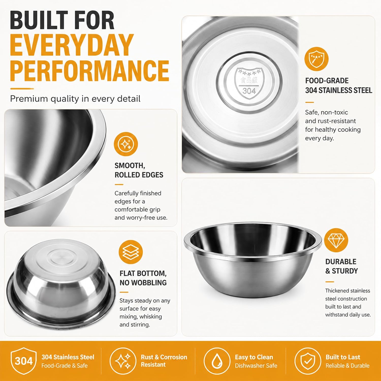 4 Pcs 13 Qt Colander Stainless Steel Set, 2 Bowls & 2 Strainers