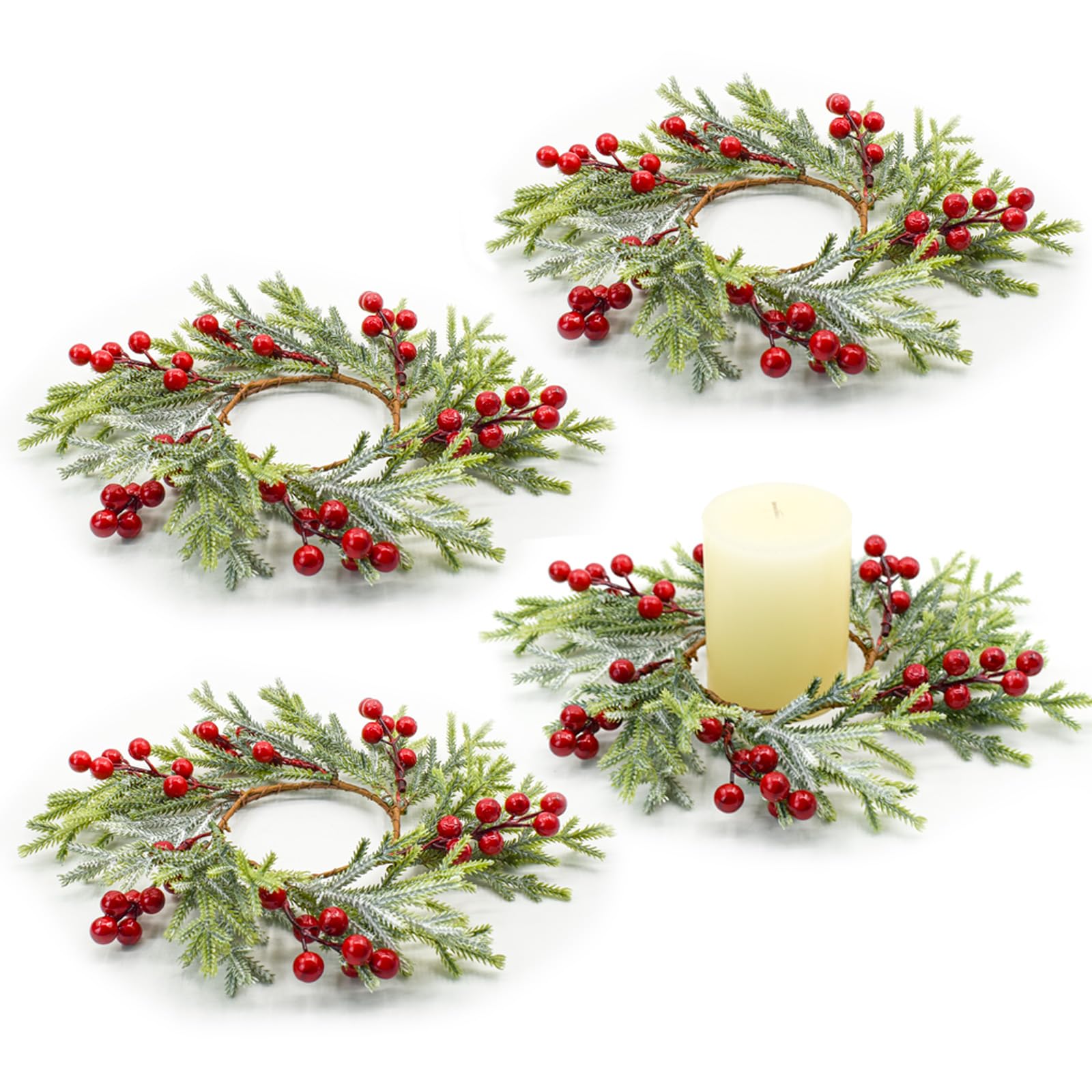 Baies rouges et pin enneigé pour anneaux de bougie de Noël traditionnels