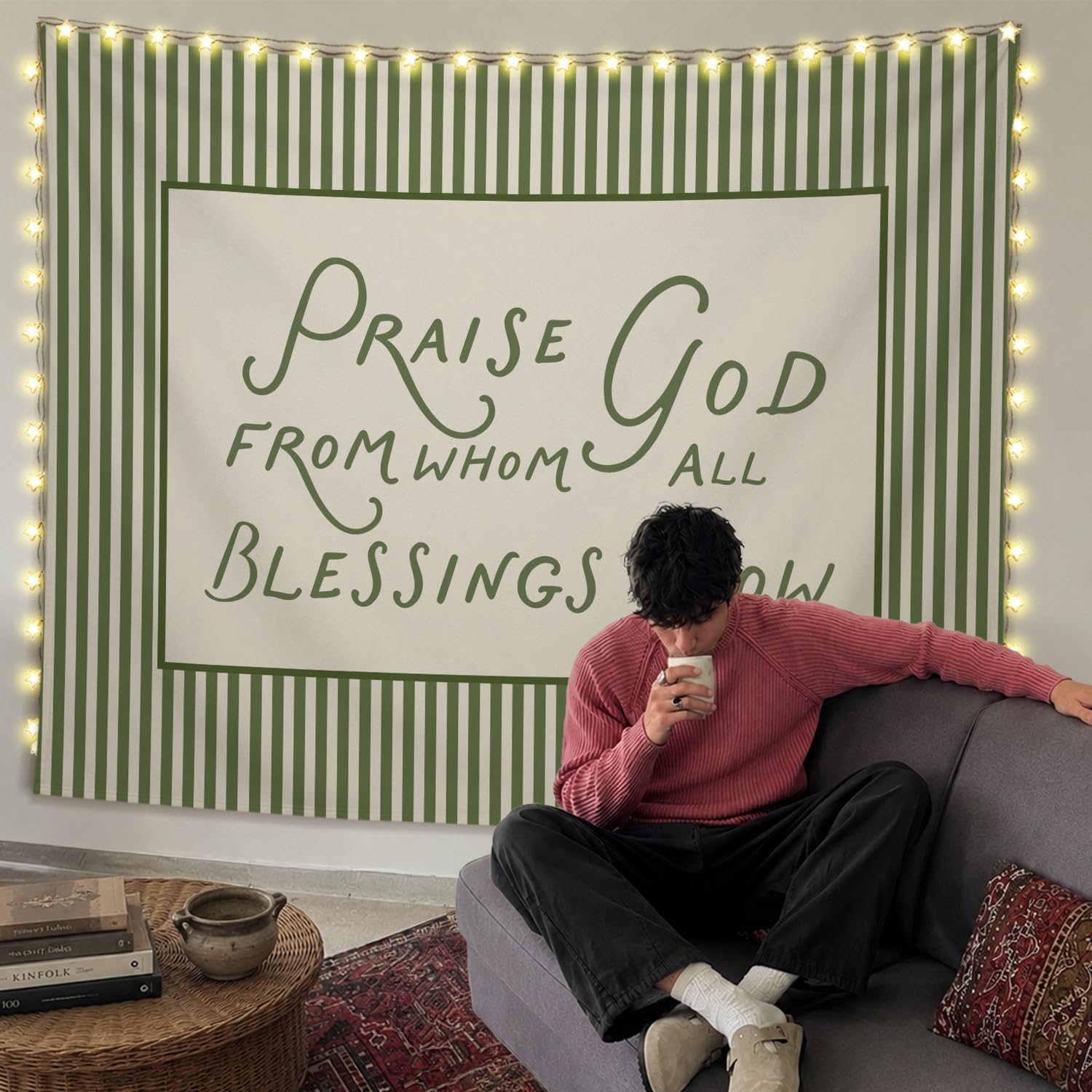 SkyCozy Christian Wall Tapestry, Christian Home Room Decor, Bible Verse Praise God from Whom All Blessings Flow Green Striped Tapestry for Home Bedroom Living Room Church Wall Decor, 50x60 Inch