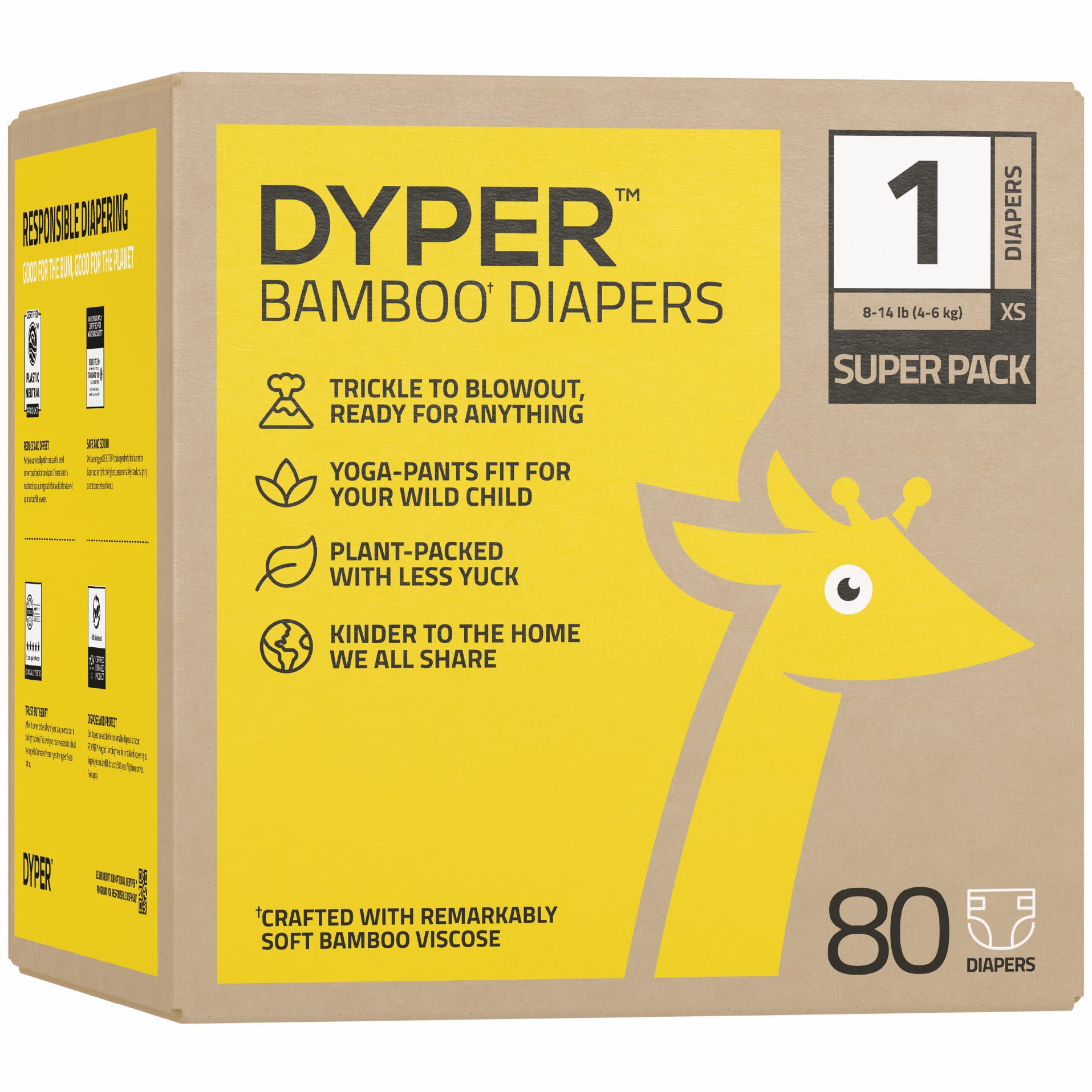 DYPERUnisex Baby Diapers Size 1 | Viscose from Bamboo | Hypoallergenic, Unscented, Plant-Based | 80 Count