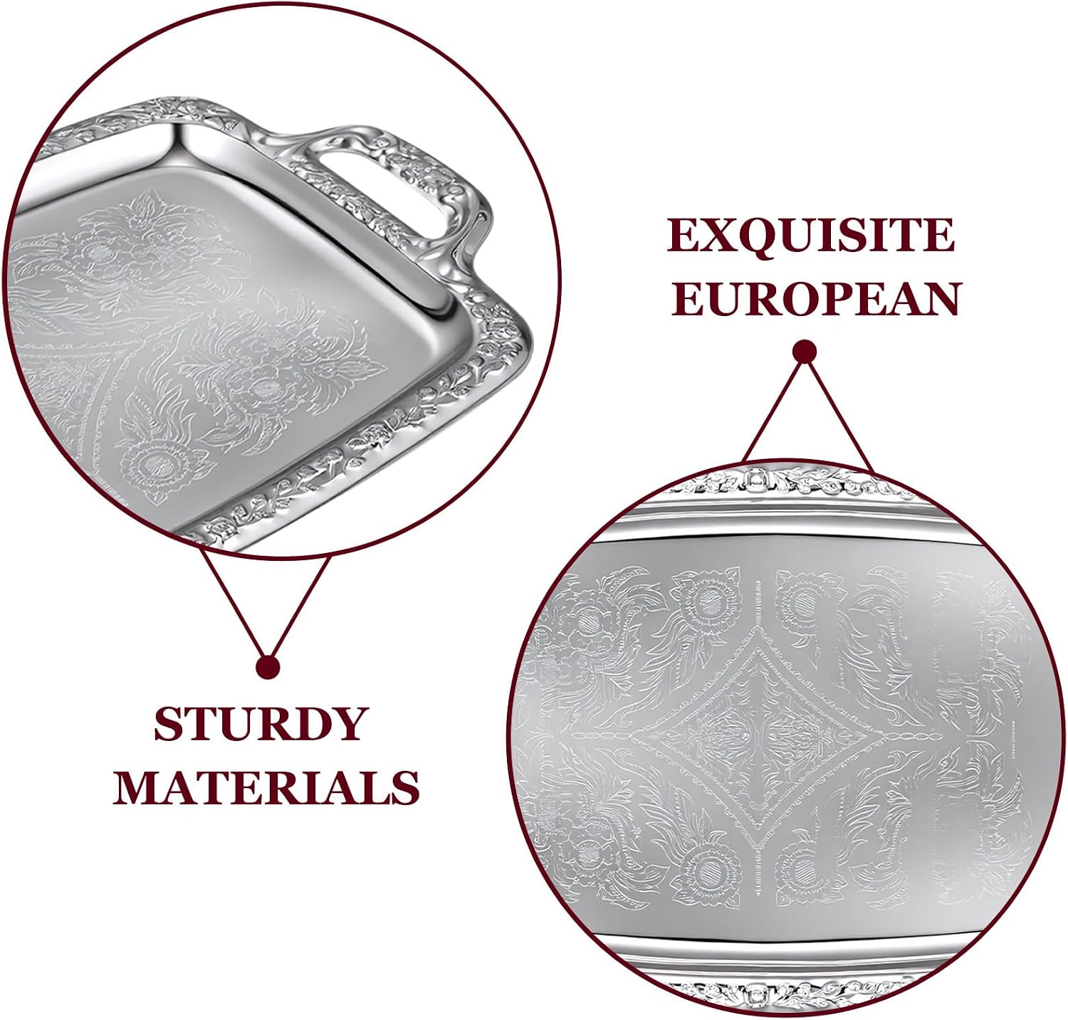 2pcs Silver Serving Trays with Handle - Silver Engraved Stainless Steel Serving Dish for Fruit Dessert - Metal Appetizer Platters for Dining Entertaining