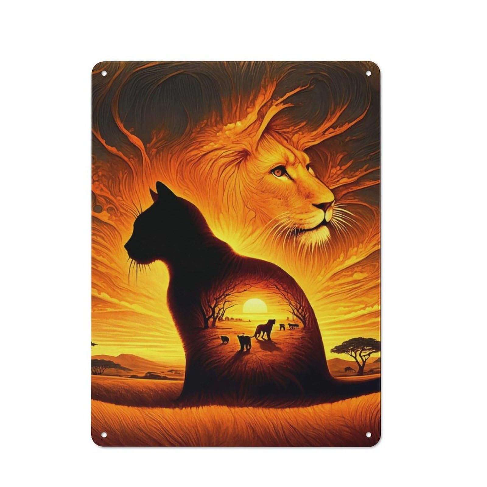 Junmoney Cat Silhouette Lion Sunset Tin Wall Plaque 40X30cm With For Hobby Room Or Studio, New Home Wall Decor For Creative Interior Collectors