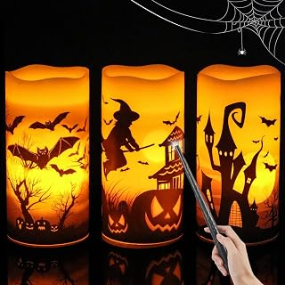 Wondise Halloween Flameless Candles with Magic Wand Remote & Timer, Battery Operated Real Wax Flickering Candles with Halloween Decals Halloween LED Candles for Halloween Home Decor (3 x 6 Inches)