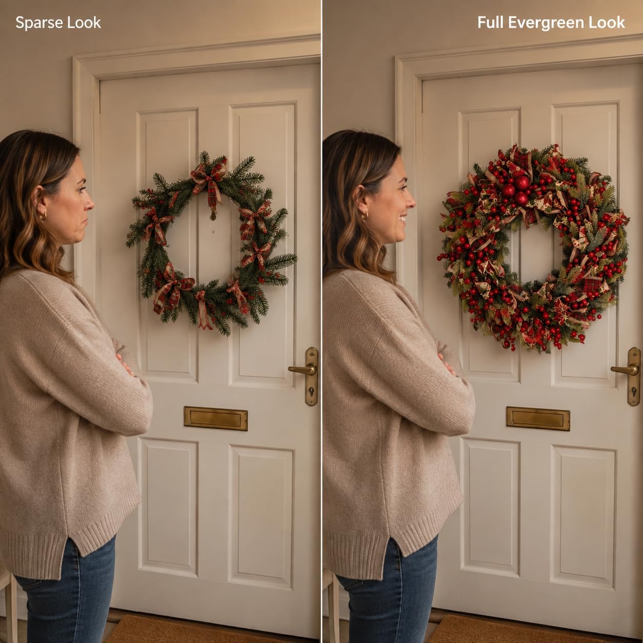 20 Inch Christmas Wreath for Front Door with Red Berries and Plaid Ribbons