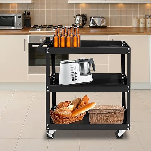 Miniatura 7 de TUFFIOM Carrito de herramientas rodante de 3 niveles, capacidad de 330 libras, con mango ergonómico, negro