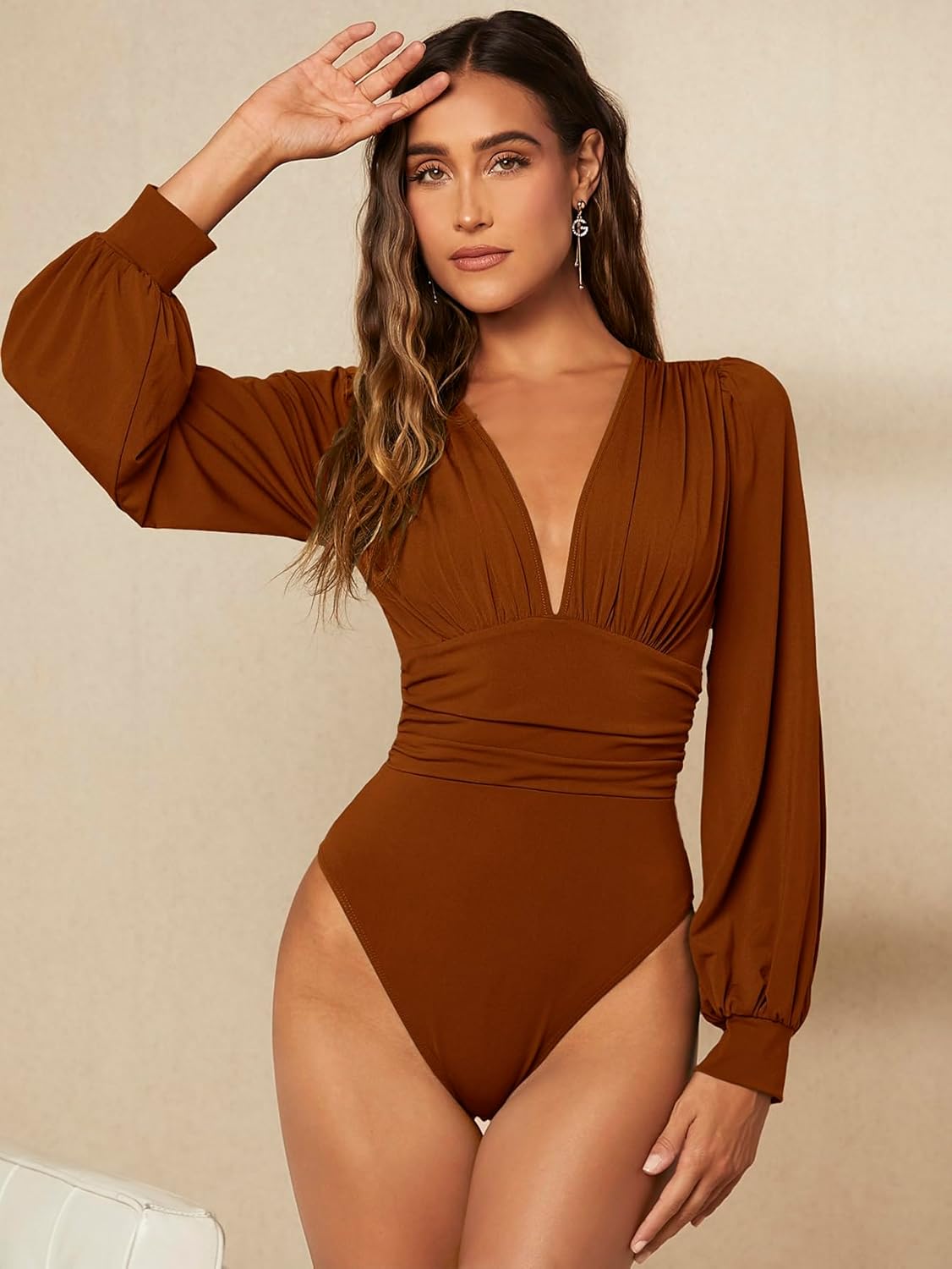 WDIRARA Women's Deep V Neck Ribbed Bodysuit Long Sleeve Skinny Bodycon Basic Bodysuit Tops - Image 6