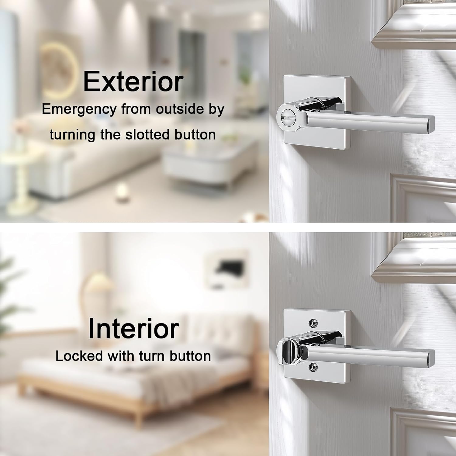 Probrico 4 Packs Polished Chrome Door Handles Interior Door knob Privacy Lever Square Keyless Lock for Bedroom or Bathroom Right & Left Side Door Lock