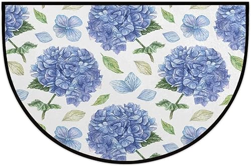 Tapete semicircular de hortensia azul acuarela para interiores semicircular, para entrada exterior, 18 x 30 pulgadas, resistente al desgaste,