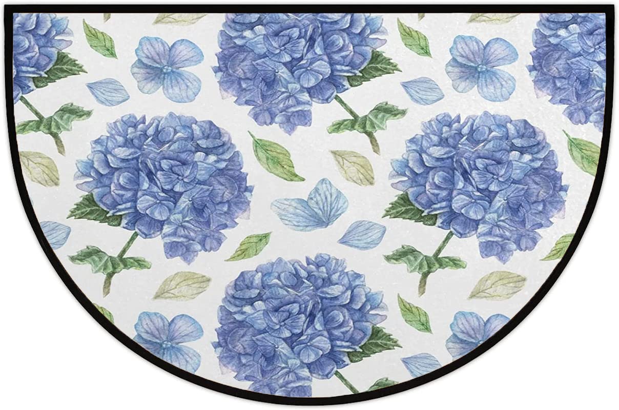 Watercolor Blue Hydrangea Half Round Door Mat Indoor semi-Circular Floor mat, for Outside Entry 30x18 in Wear Resistant Semi Circle Floor Mats Area