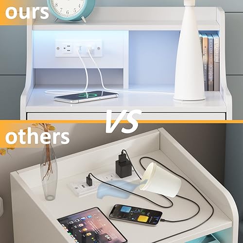 Miniatura 7 de Nightstand with Charging Station  LED Lights White Nightstand with 2 Drawers and Open Storage Bed Side Table Night Stand for Bedroom Living Room