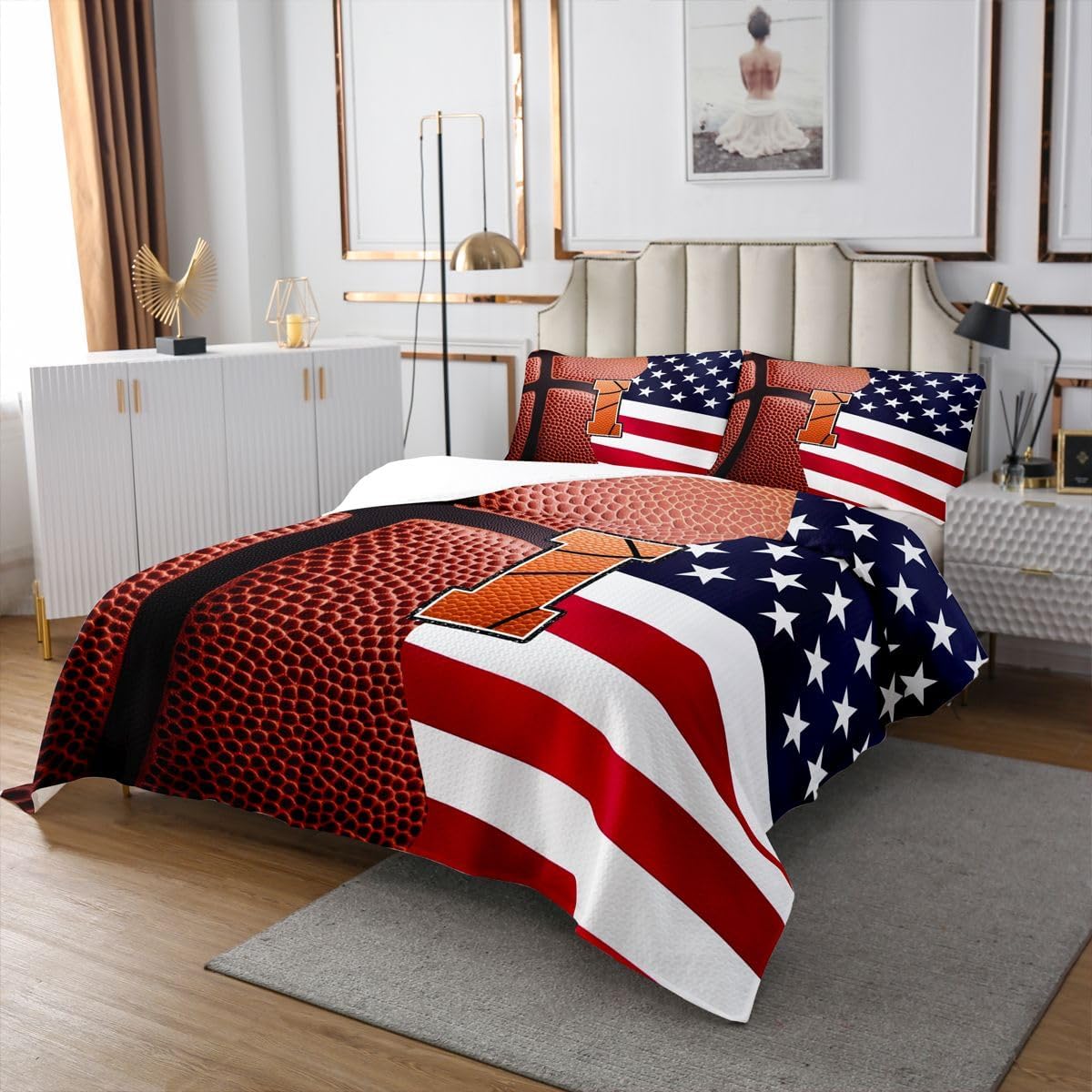 jejeloiu Basketball Initials I Bedspread 3 Pieces Queen Size American Flag Coverlet Set Soft Cozy Sports Ball Games Lightweight Quilted Coverlet for All Season with 2 Pillowcases Alphabet Letter